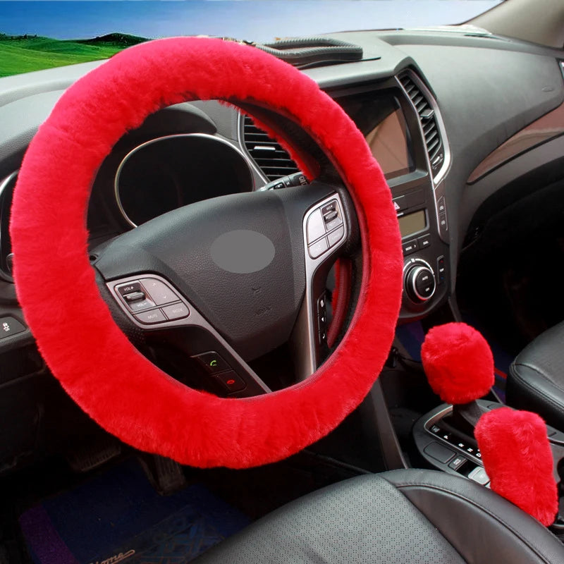 3 Piece Winter Plush Car Steering Wheel Handbrake Gear Shift Cover Set