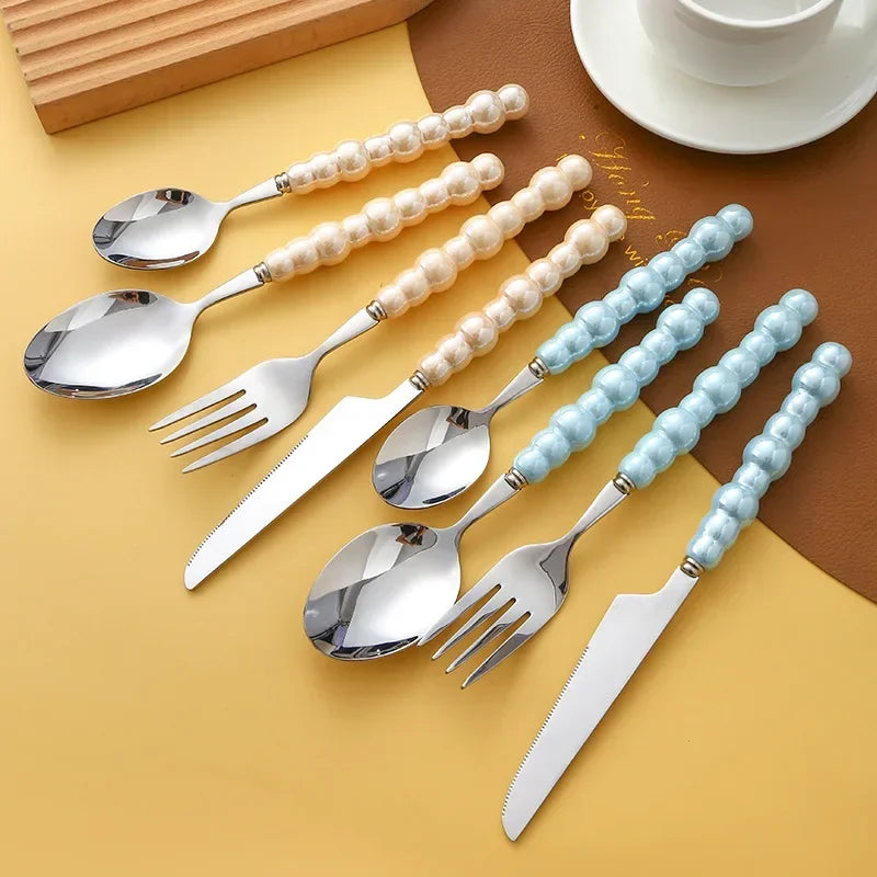 4Pcs Luxury Dinnerware Set Ceramic Pearl Handle Stainless Steel Spoon and Fork Set Western Silver Cutlery High-looking Tableware