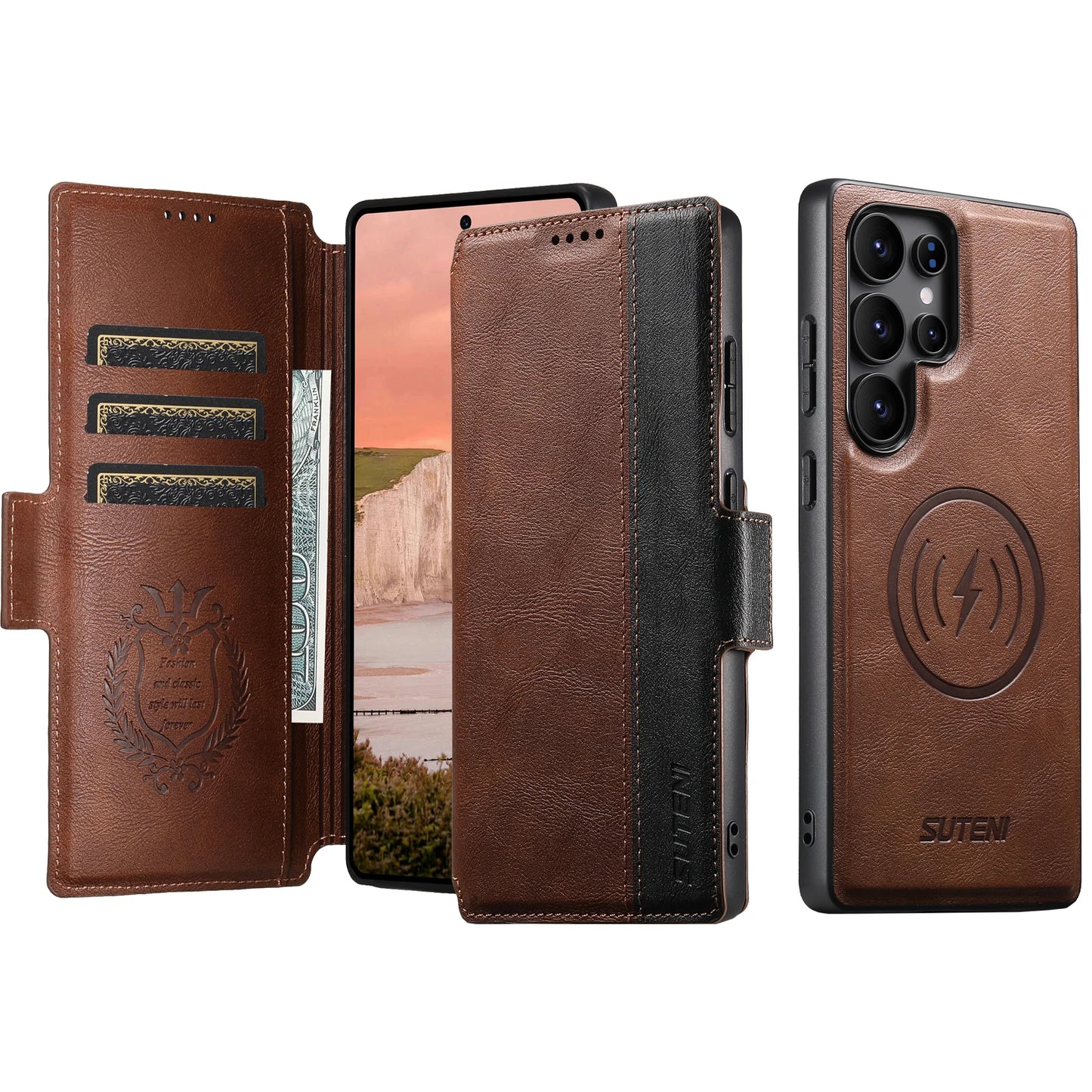Magnetic Flip Wallet Case with Card Holder & Stand for Samsung Galaxy S26 Ultra / S25 / S24 / S23 – Faux Leather Wireless Charging Cover