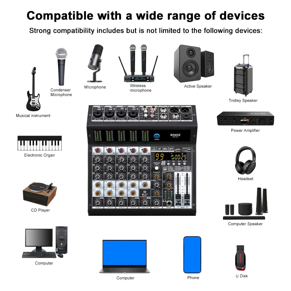 6 Channel Professional Audio Mixer Console with 99 DSP Effects