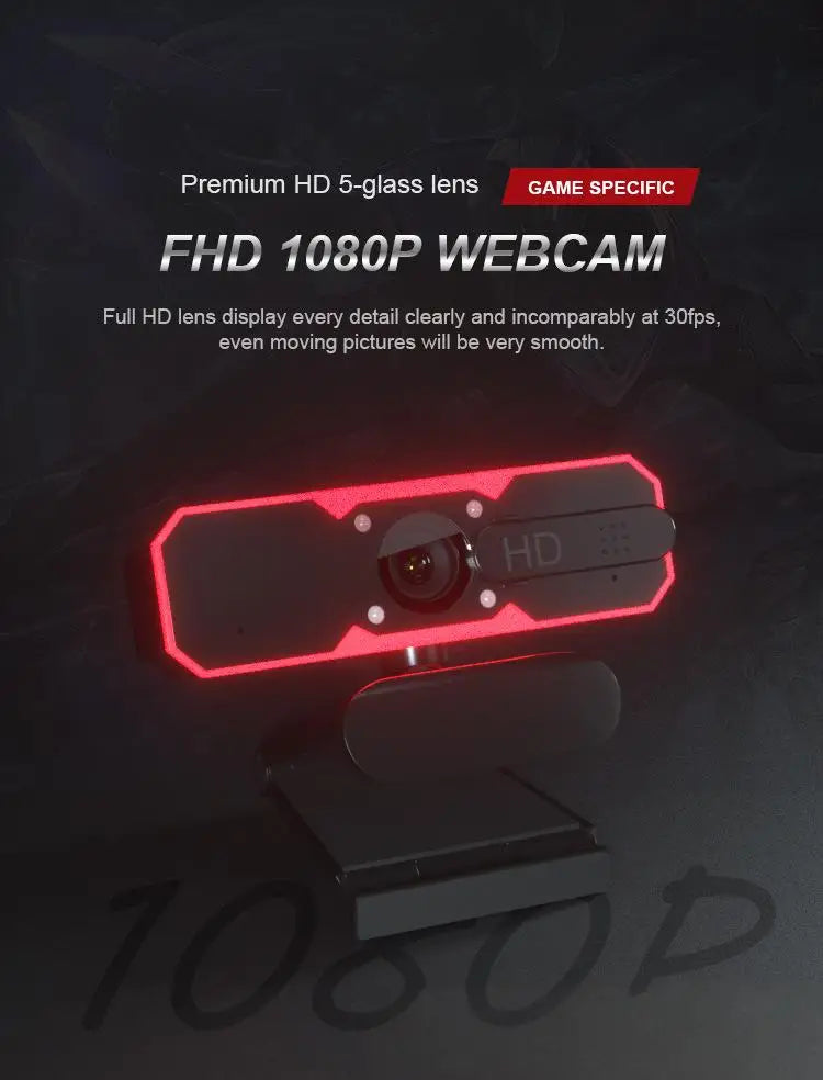 1080P Gaming Webcam 60FPS Autofocus Fill Light Camera Privacy Cover 7 Colors RGB Fill Light Stereo for Laptop Live Streaming