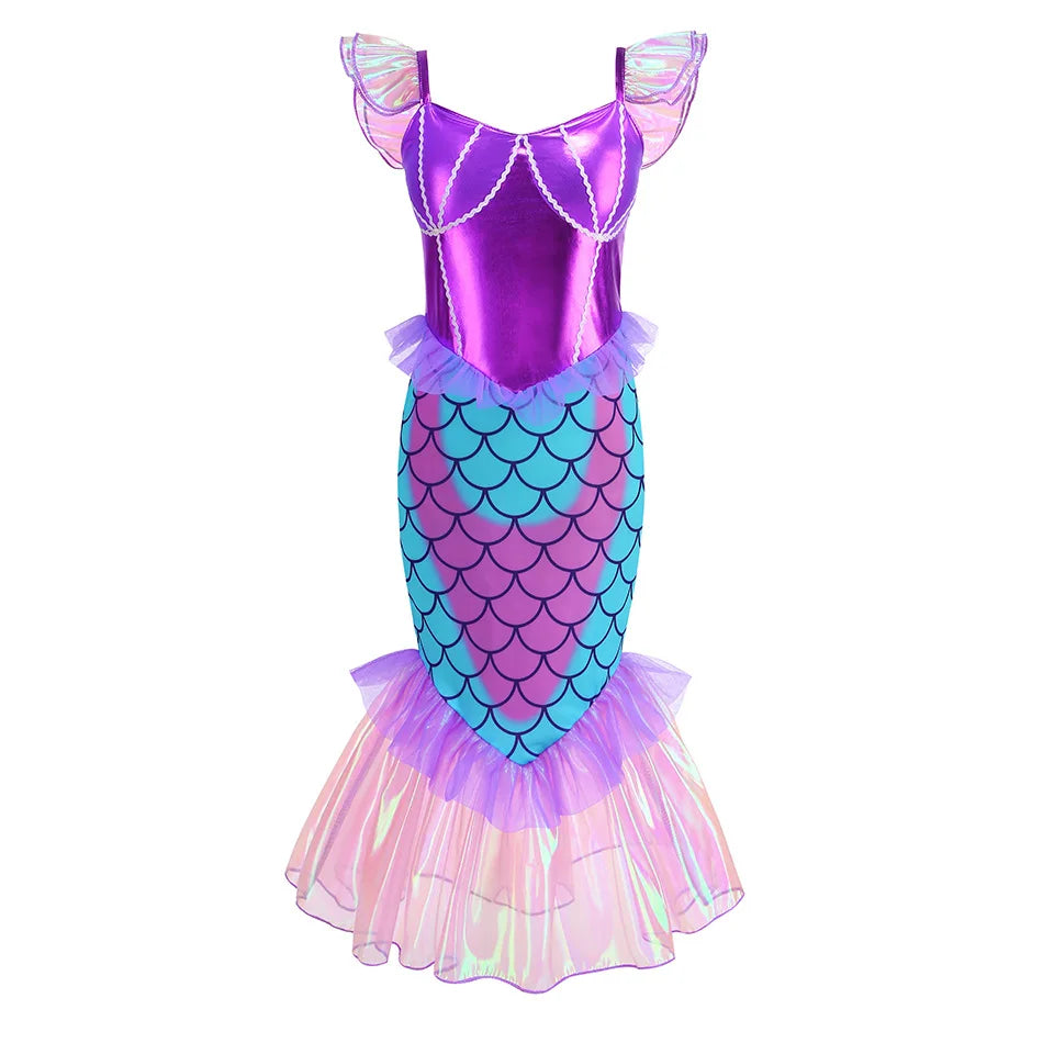 New Blue Red Purple Three Colors Mermaid Flying Sleeve Fishtail Beautiful Dress For Girl Summer Beach Party Cool Gown