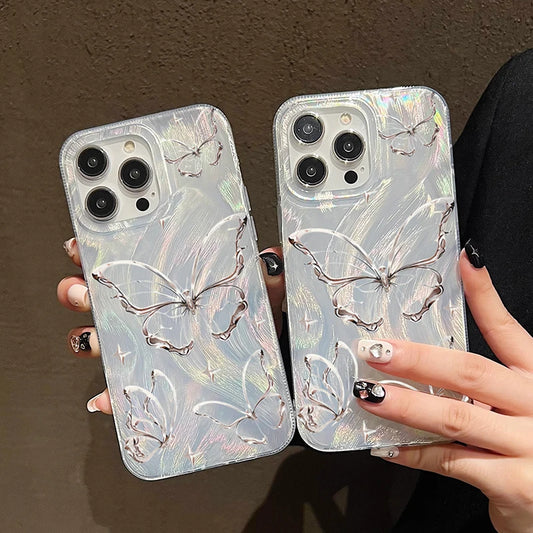 For iPhone 14 15 16 17 Pro Max Case Luxury Laser Silver Butterfly Phone Case for iPhone