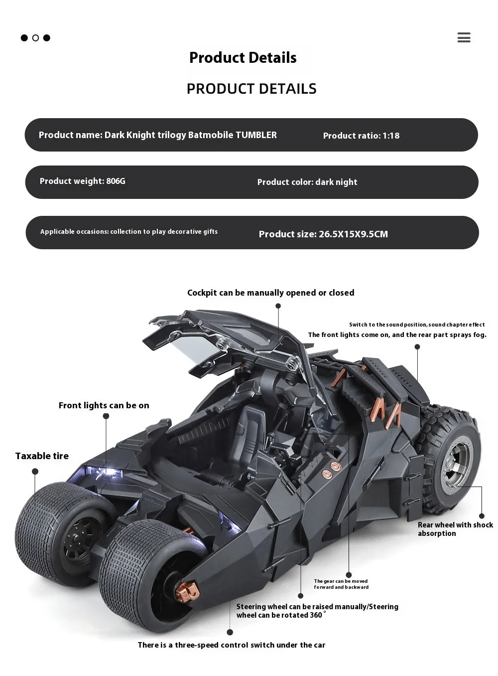 1:18 Batmobile Tumbler Alloy Diecast Model Sound Light Car Spray Function Toy Display Ornament Toys For Gift For