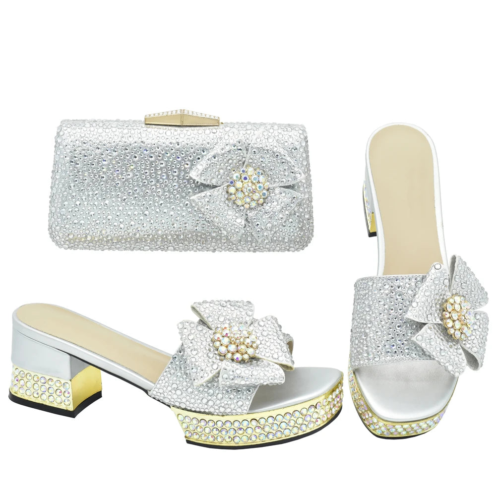 Nigerian Italian Shoes and Bags Set Decorated with Rhinestone Luxury Shoe and Bag Set for Party in Women