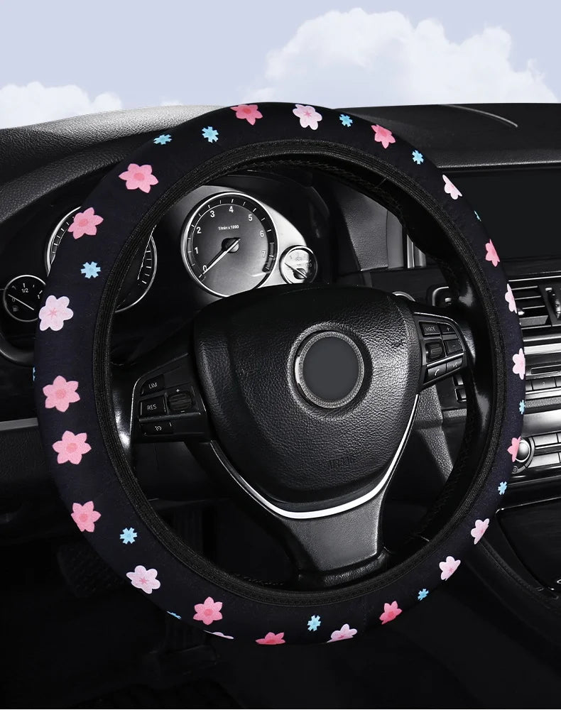 Floral Flannelette Car Steering Wheel Cover Anti Slip 38CM