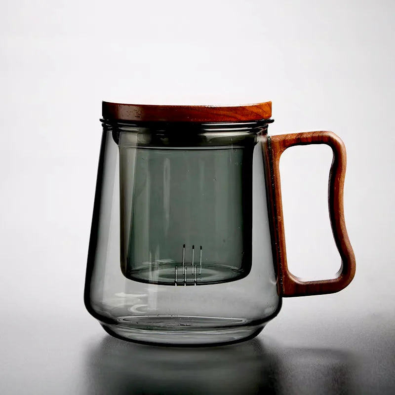 500ML Stripe Heat Resistant Glass Tea Water Separation Tea Cup With Wood Handle Filter Brewing Puer Cups Kung Fu Tea Mug Set