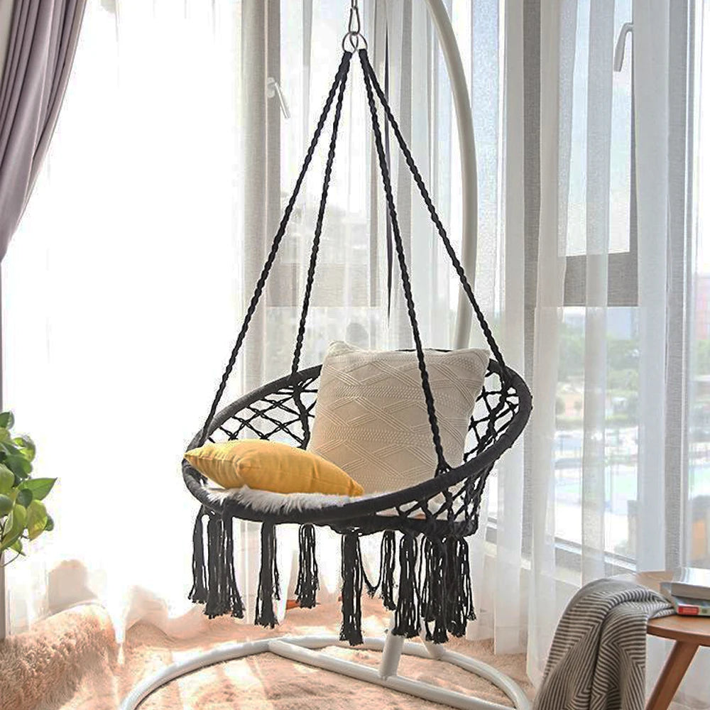 Nordic Style Round Hammock Swing Chair Safety Hanging Hammock Rope Hanging Garden Seat Beige Knitting Rope Swing Balcony Chair