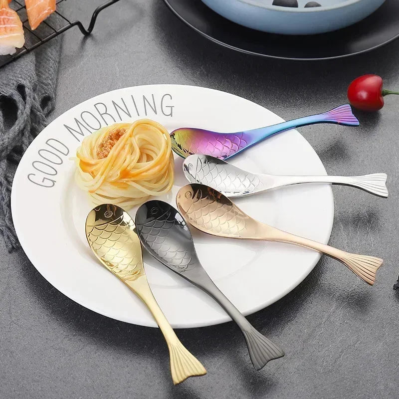Cute Fish-Shaped Stainless Steel Soup Spoon, Food Grade Cutlery for Ice Cream Desserts, Creative Mermaid Spoon Kitchen Tableware