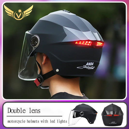 LED Motorcycle Half Helmet with Dual Visor Rechargeable Light