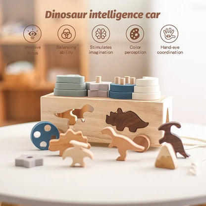 Montessori Shape Sorter Silicone Wooden Pull Along Car Dinosaur Shape Sorter Matching Blocks Box Kid  Intellece Educational Toys