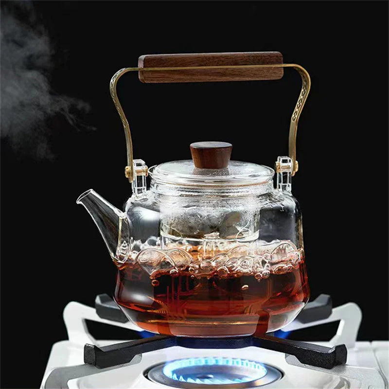 Japanese Heat Resistant Glass Tea Pot with Infuser Copper Wood Handle 1150ml High Borosilicate Tea Kettle