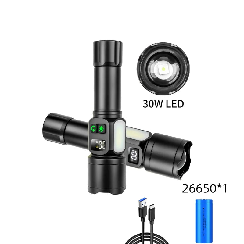White Laser High Power Rechargeable LED Flashlight with Digital Display Magnet COB Side Light Zoom Torch