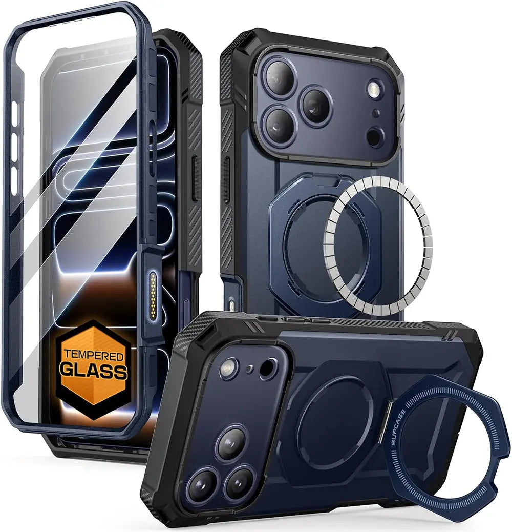 Rugged Magnetic Phone Case with Tempered Glass Screen Protector and Aluminium Kickstand for iPhone 17 Pro Max and iPhone 18 Pro Max
