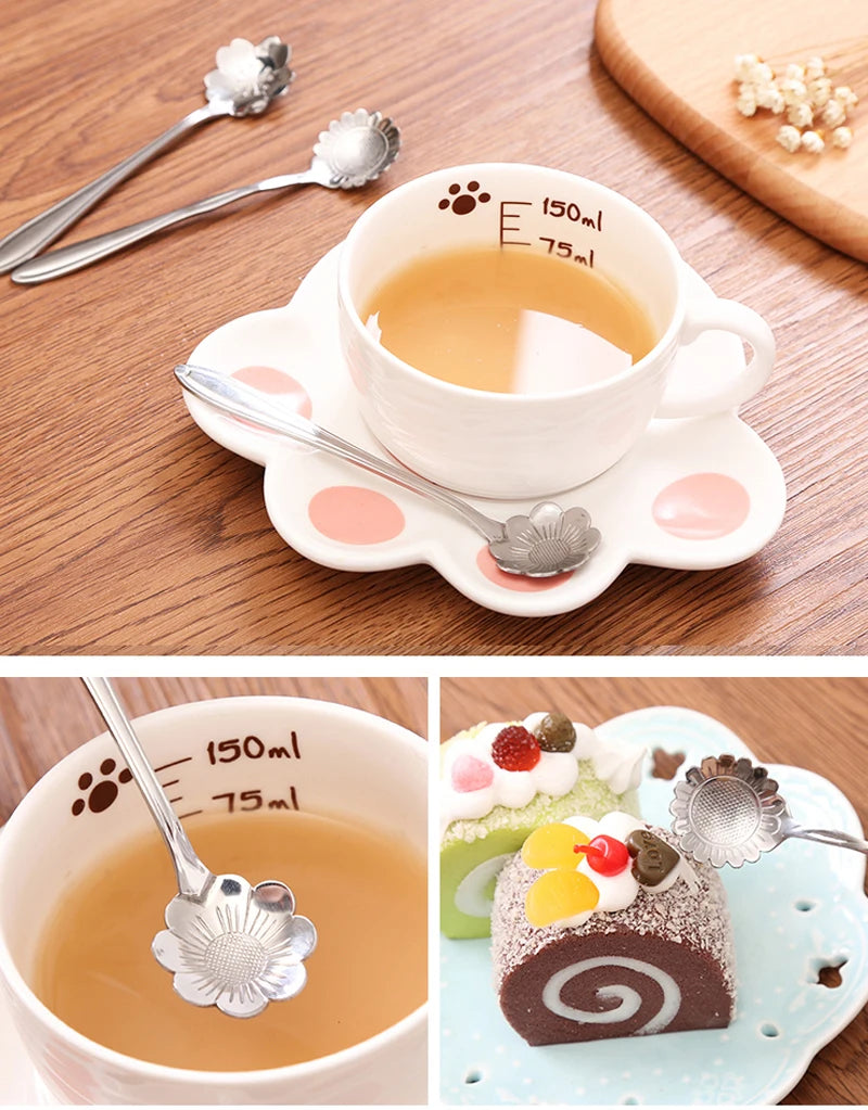 8pcs Gold Dessert Spoons Small Flower Spoon Set Stainless Steel Teaspoons Milk Stir Tool for Fruit Honey Lovely Dinnerware Set