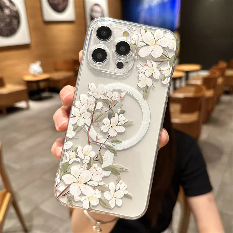 Transparent Magsafe  Flower Branch Case iPhone 16 14 15 Pro Max 15 Plus Wireless Charge Shockproof Clear Cover