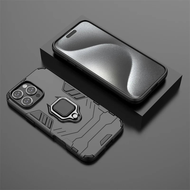 For iPhone 16 Pro Max Case For iPhone 16 Pro Max Cover Armor Silicone PC Finger Ring Stand Phone Shockproof Protector Case