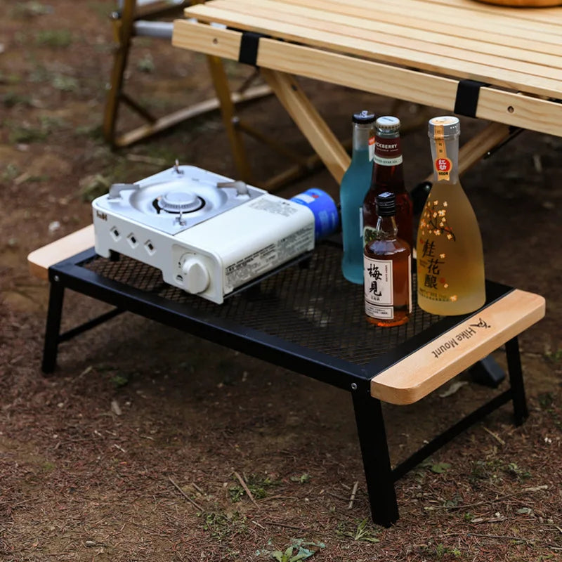 Outdoor Camping Folding Table Portable Solid Wood Iron Mesh Picnic Table Storage Table