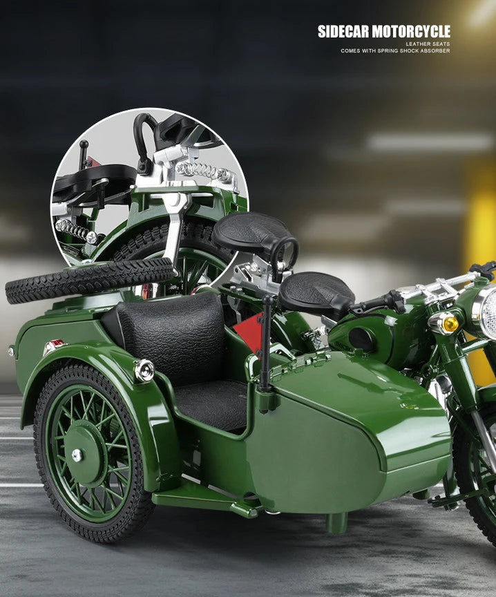 Diecast Retro Military Sidecar Motorcycle Model 1 to 10 Scale