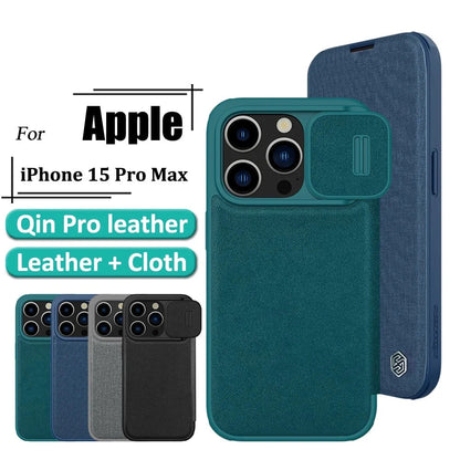 QIN Pro Plain Leather Cloth Case For iPhone 15 Pro Max Flip Shockproof Camera Slider Protection Cover With Card Holder