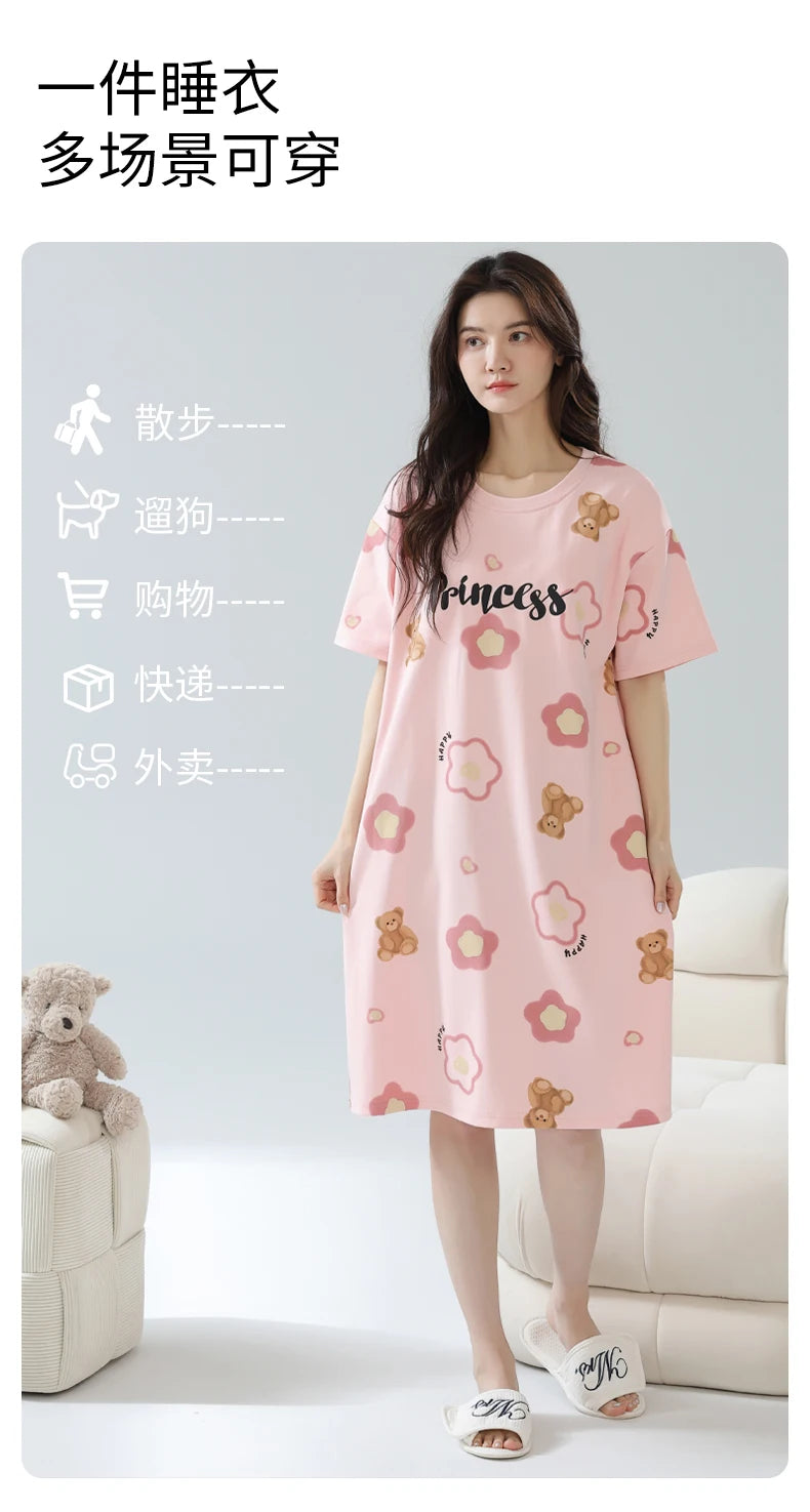 Women’s Cotton Nightgown – Korean Style Cute Print, Summer Short Sleeve Sleepwear Dress