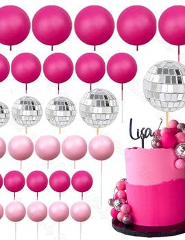 30Pcs Hot Pink Cake Balls Topper  Pink Silver Glitters Disco Balls Cake Toppers for Wedding Disco Birthday Cake Decor Supply