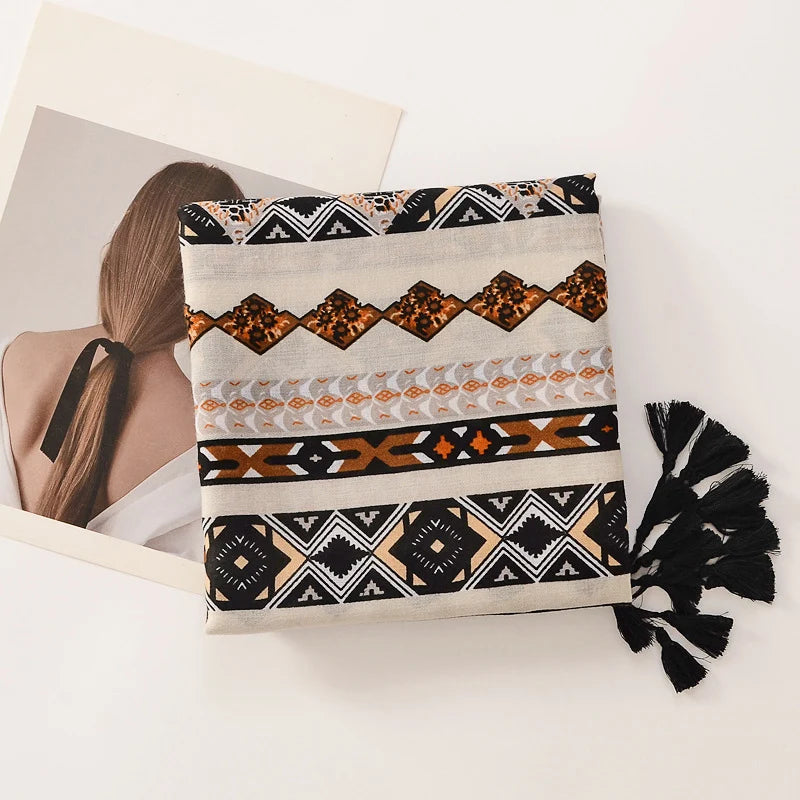 Beige Coffee Scarf Luxury Thin Women Scarves Spring Floral Hijab Veils Soft Cotton Shawl Wrap Tassel Viscose Muslim Woman Hijab