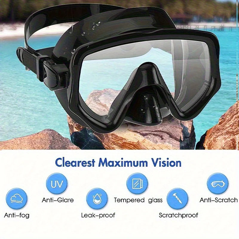 Snorkel Mask Swimming Goggles Scuba Diving Silicone Skirt Tempered Glass Len Wide View Training With Nose Cover Adjustable Strap