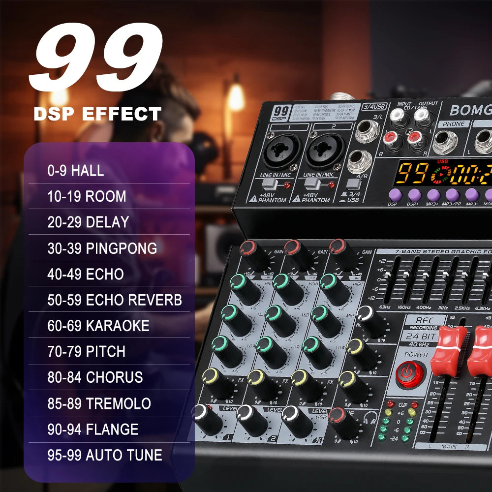 4 Channel Audio Mixing Console with 99 Band EQ USB Recording and Bluetooth