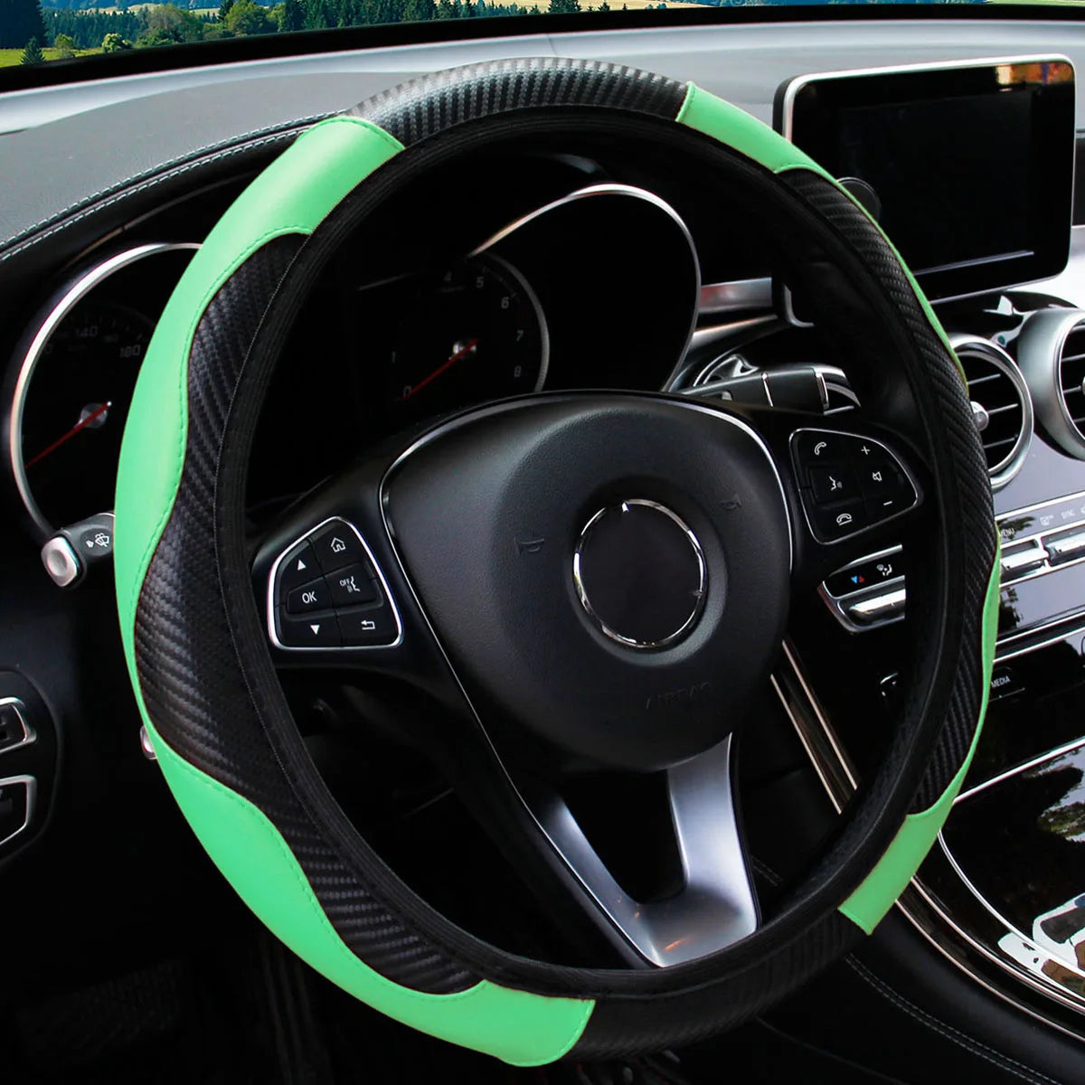 PU Carbon Fiber Leather Car Steering Wheel Cover 37CM 38CM