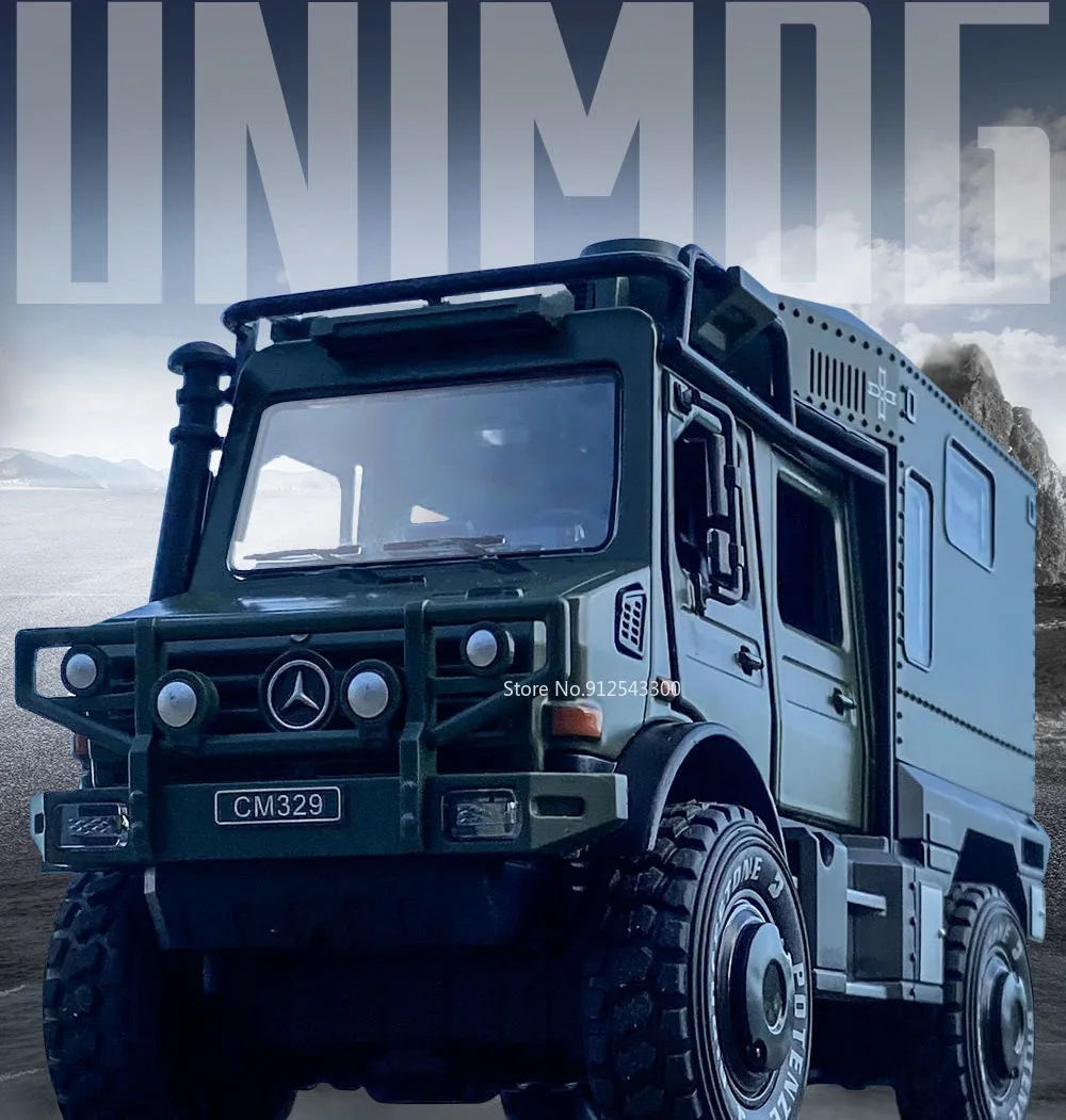 1:28 Scale X-Class 6x6 UNIMOG Motorhome Camping Car Model Toy Shock Absorption Sound Light Pull Back Off-road Vehicles Boys Gift