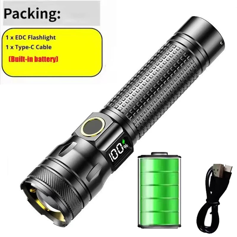 High Power Rechargeable LED Flashlight With Zoom And Power Display