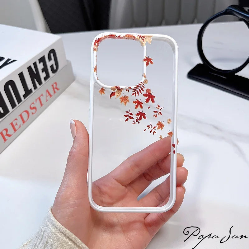 Transparent Fallen Leaves Flower Phone Case For iPhone 16 15 14 Pro Max 15 14 16 Plus Maple Leaf Clear Funda Back Cover