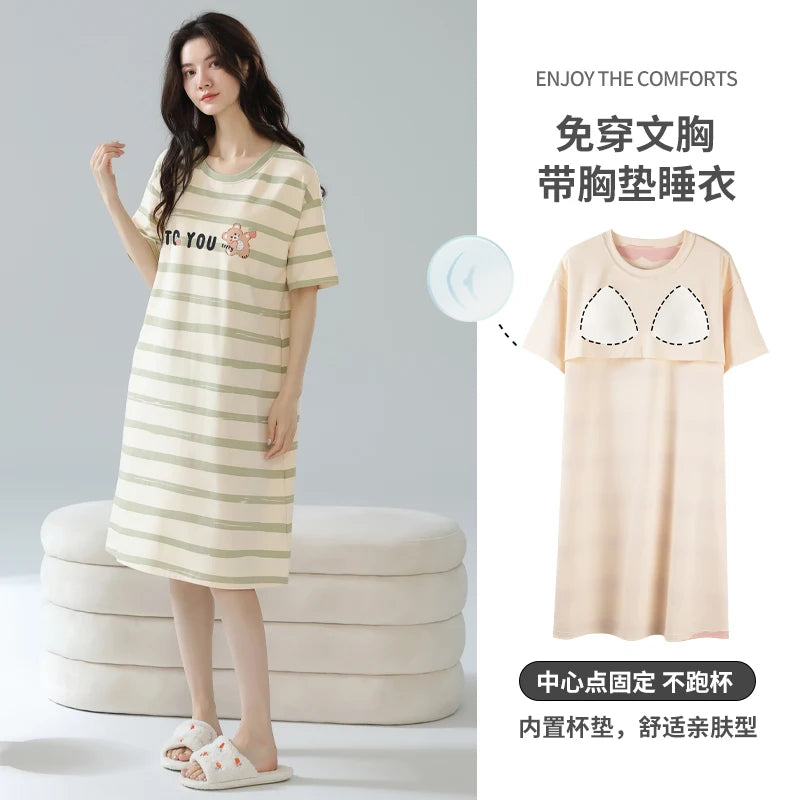 Women’s Cotton Nightgown – Korean Style Cute Print, Summer Short Sleeve Sleepwear Dress