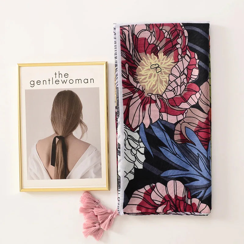 Beige Coffee Scarf Luxury Thin Women Scarves Spring Floral Hijab Veils Soft Cotton Shawl Wrap Tassel Viscose Muslim Woman Hijab