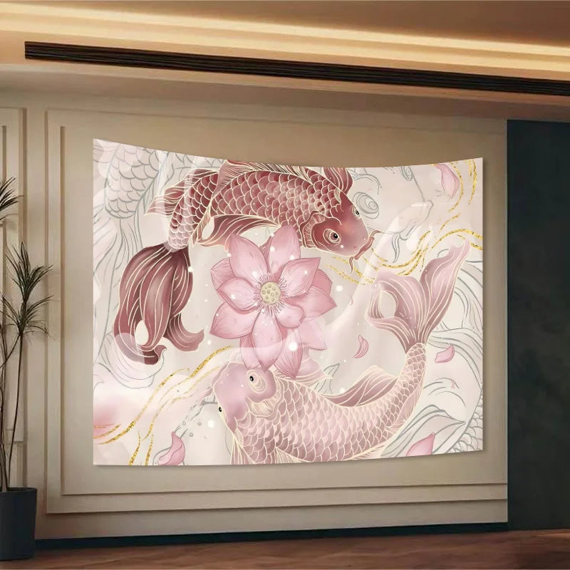 Koi and Lotus Tapestry New Chinese Style Living Room Tea Room Wall Hanging Zen-Inspired Room Decor
