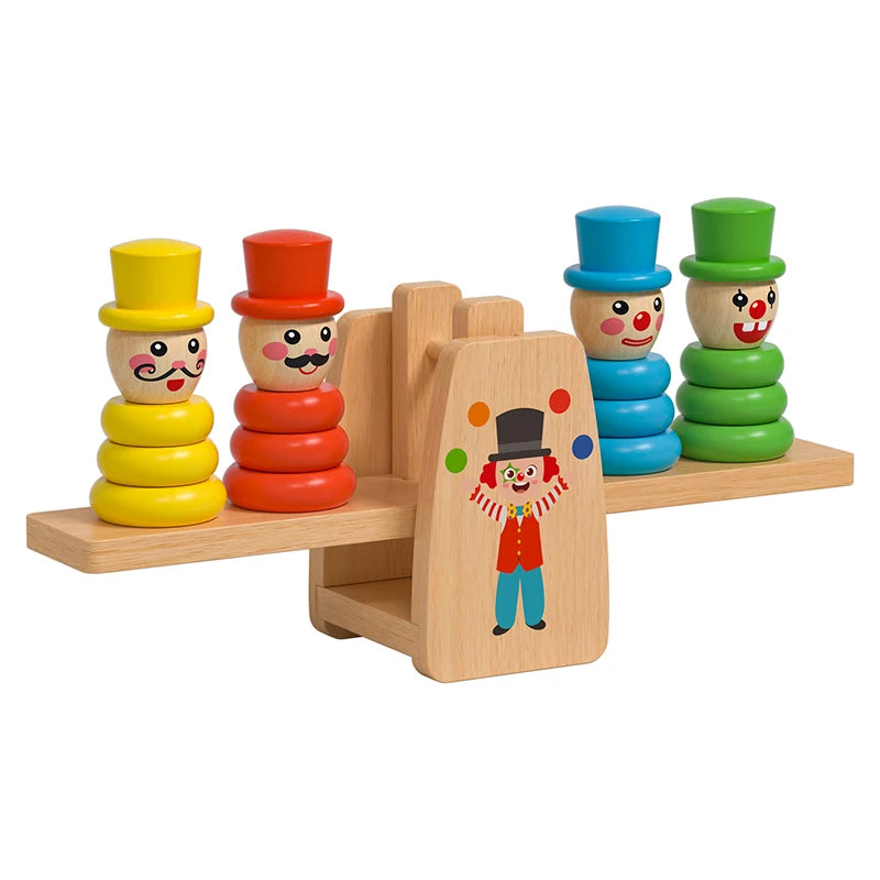 Wooden Clown Balance Scale and Stacking Rings Educational Toy