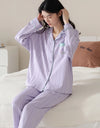 Women’s Winter 100% Cotton Pajama Set – Loose Fit, Turn-Down Collar, Long Sleeves, Cute Pink