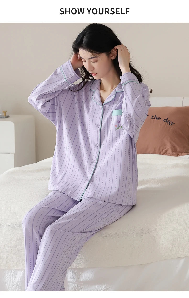 Women’s Winter 100% Cotton Pajama Set – Loose Fit, Turn-Down Collar, Long Sleeves, Cute Pink