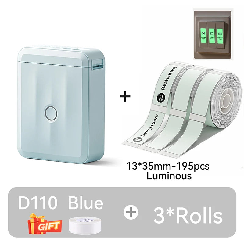 D110 Mini Portable Thermal Label Printer, Bluetooth Wireless Inkless Sticker Maker 12–15mm, Compact Label Machine for Home Organization