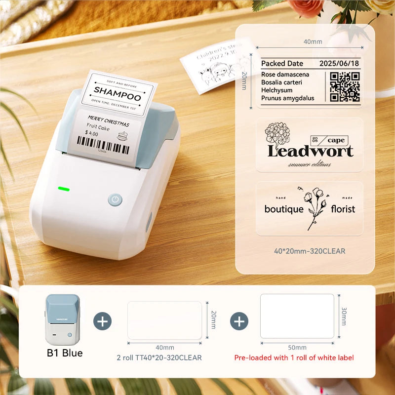B1 Portable Label Printer, Bluetooth Wireless Mini Thermal Label Maker 20–50mm, Inkless Sticker Printer for Home & Business