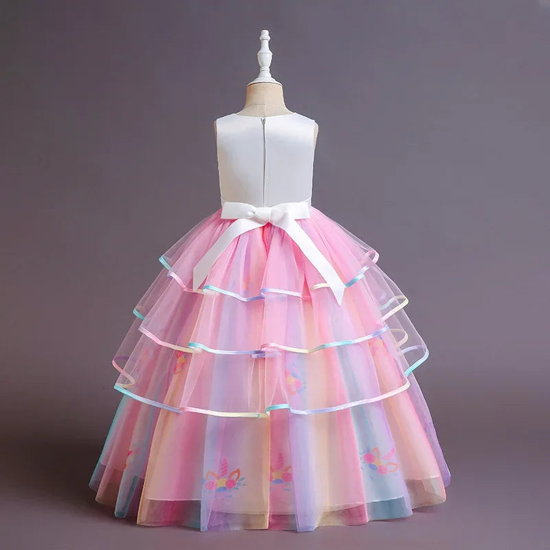 Elegant Princess Lace Dress Kids Flower Embroidery Dresses For Girls Vintage Children Costume for Christmas Party Pink Ball Gown