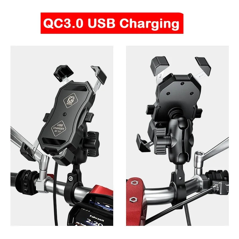 Motorcycle Fork Stem Wireless Charger 15W Qi/USB Quick Charge Phone Holder Handlebar Mirror Mount with 1" Ball for 3.5"-6.8"