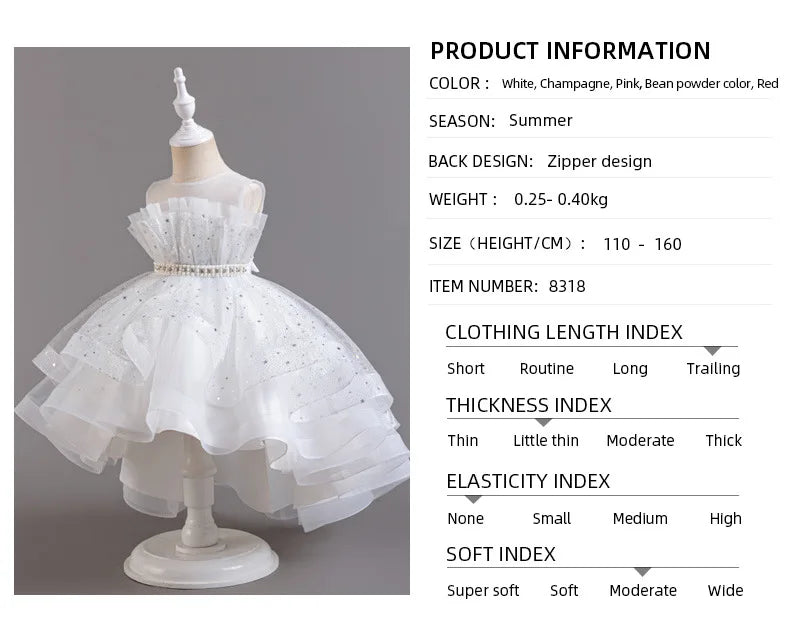 Elegant Girls' Performance Gown - Sleeveless Tulle Dress with Train for Piano Recital & Walk Show