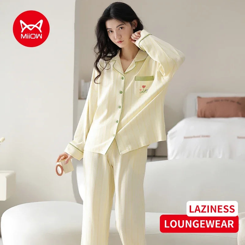 Women’s Winter 100% Cotton Pajama Set – Loose Fit, Turn-Down Collar, Long Sleeves, Cute Pink