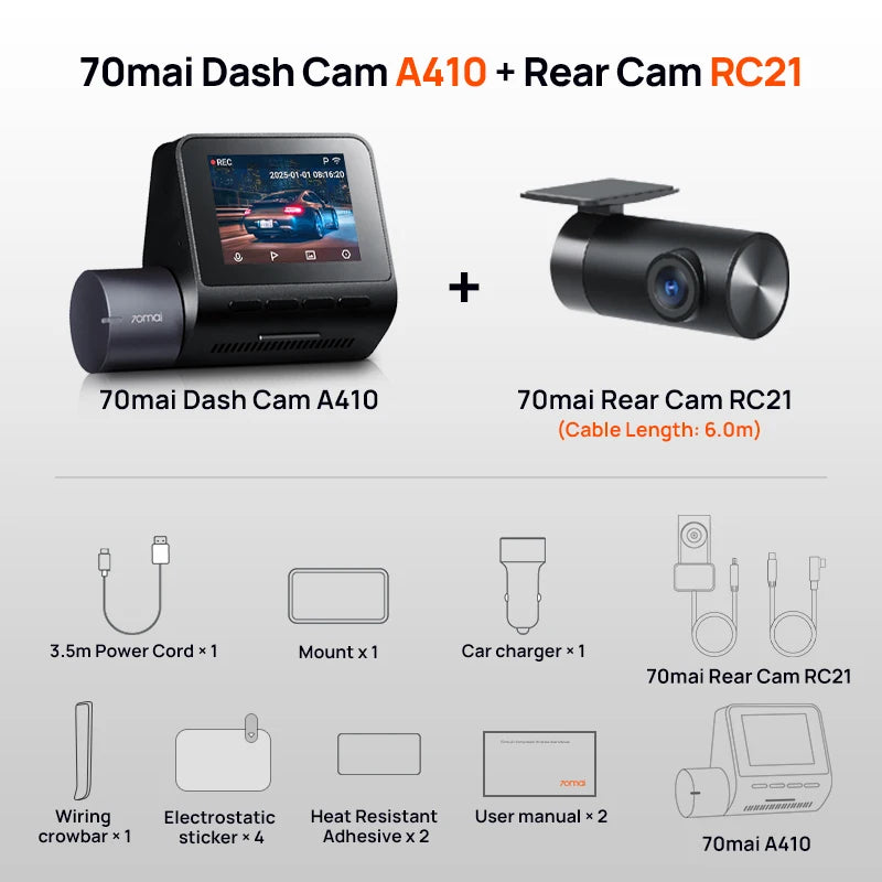 Dash Cam A410 2.5K 1440P Front + 1080P Rear Car DVR – HDR Night Vision, GPS, WiFi App, 24H Parking Monitor