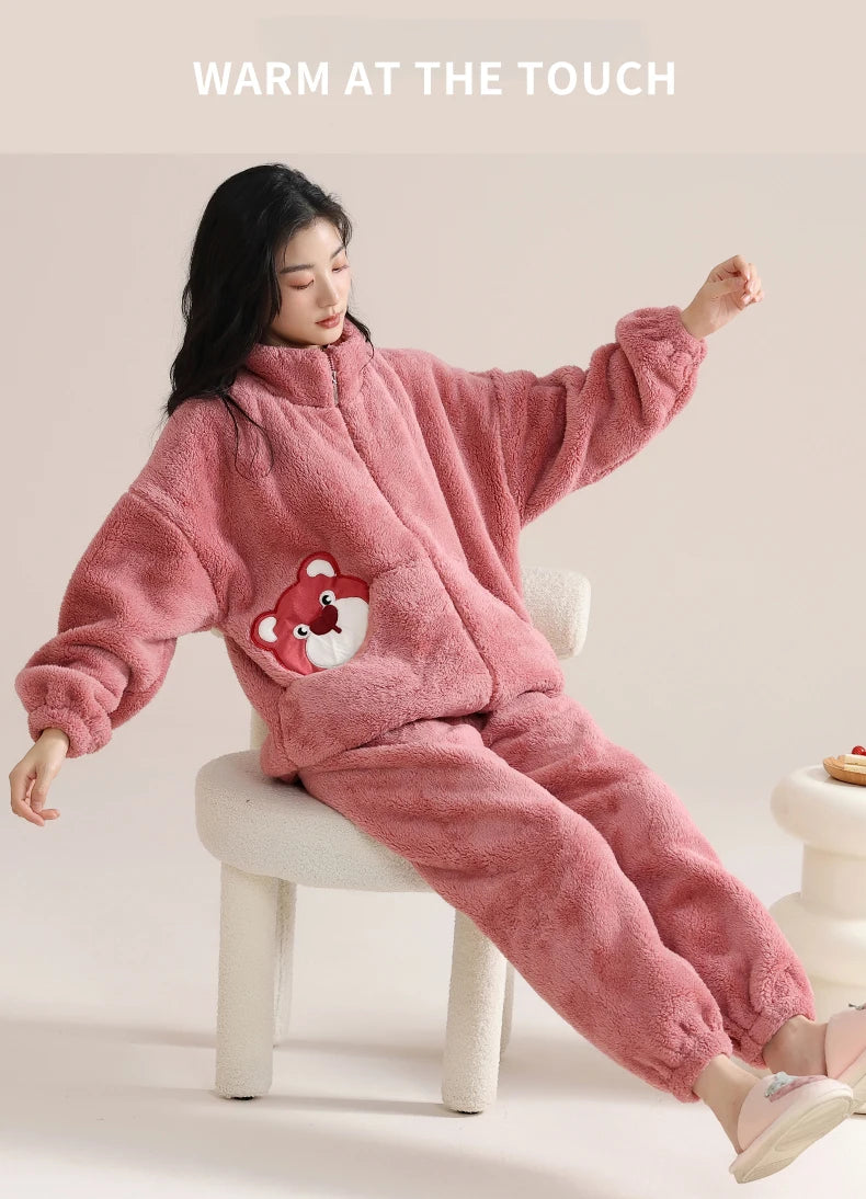 Women’s Winter Flannel Pajama Set – Thick, Soft Coral Fleece with Zipper & Oversized Fit