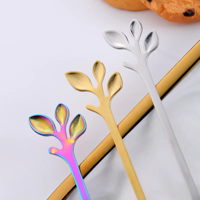 Gold Long Handle Spoon Stainless Steel Leaf Teaspoon Nordic Mini Stirring Spoons Small Fork for Dessert Coffee Honey Home Decor