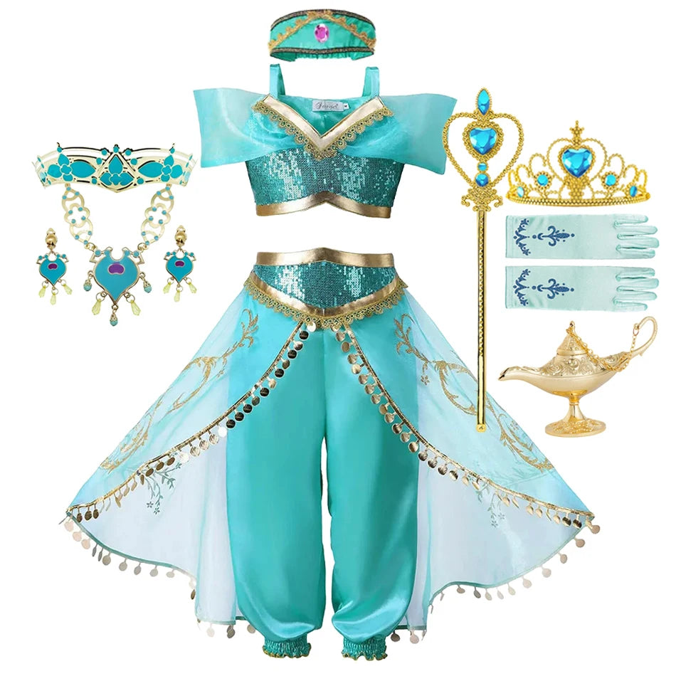 Girls Jasmine Dress Aladdin Princess Magic Lamp Carnival Birthday Clothing Vestidos Halloween Party Cosplay Costume