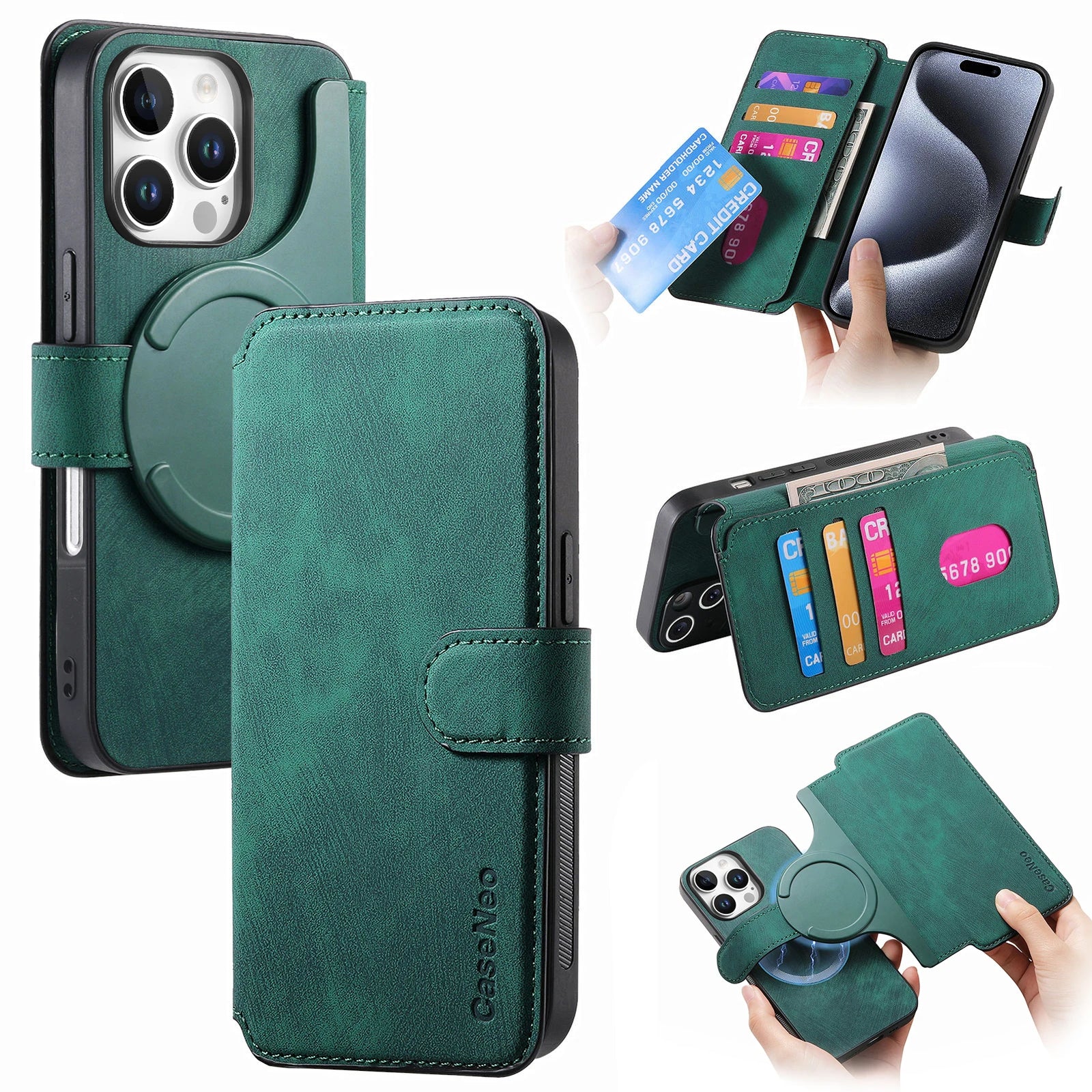 Flip Leather Wallet Case for iPhone 16 15 Pro Max 14 Plus 16E Magsafe  Detachable Card Slot Holder Cover